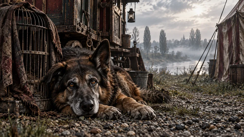 Kies, ein alter Schäferhund mit grauer Schnauze, liegt vor einem Wagen im Kies
