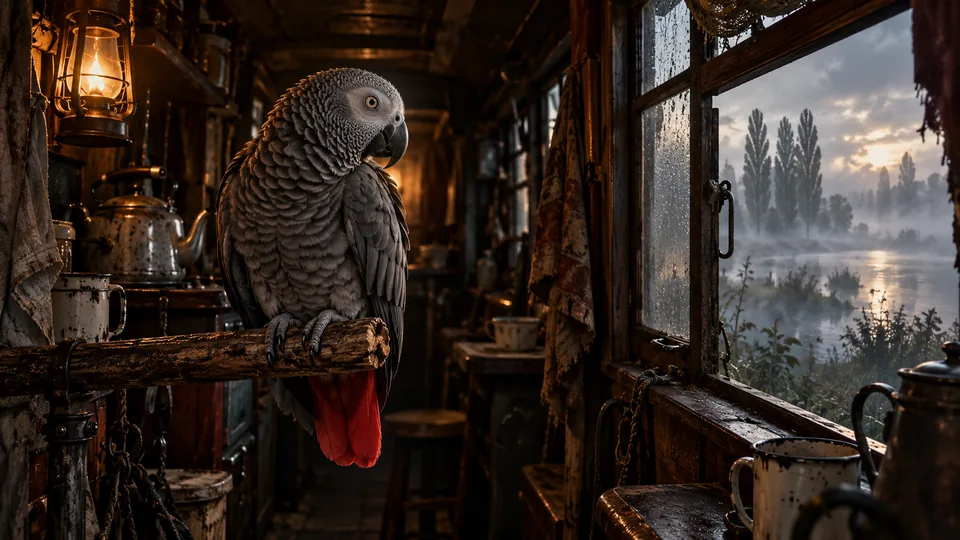 Pepper, ein Graupapagei mit rotem Schwanz, auf einer Stange im Küchenwagen, draußen Nebel über dem Rhein